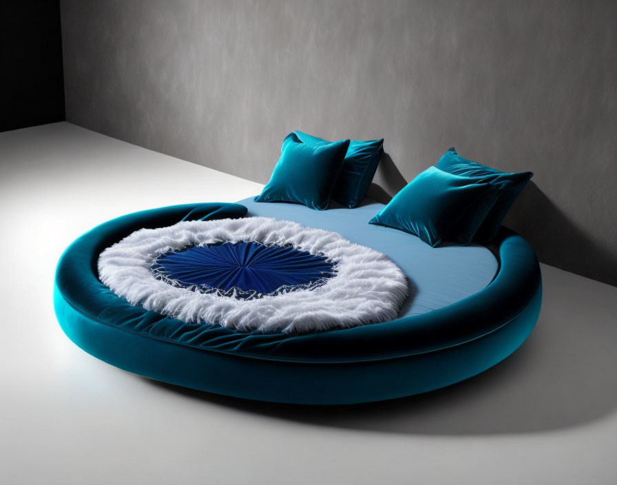 Modern Round Bed with Teal Blue Bedding & White Fluffy Center on Gray Background