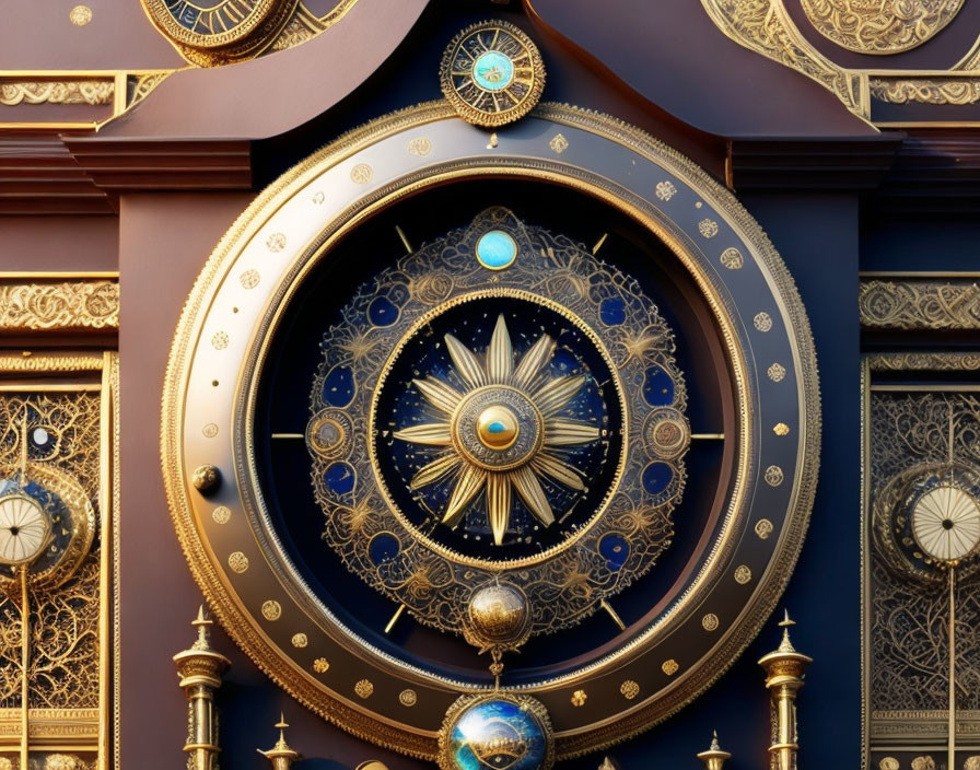 Intricate Golden Astronomical Clock with Celestial Motifs