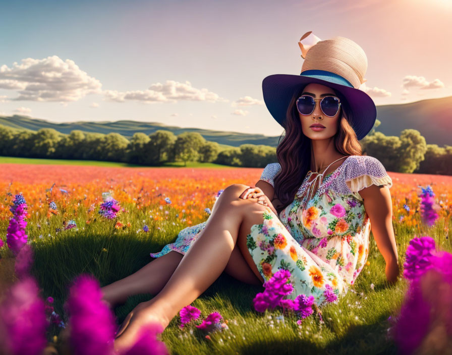 Woman in floral dress and hat sitting in vibrant flower field with hills and clear sky