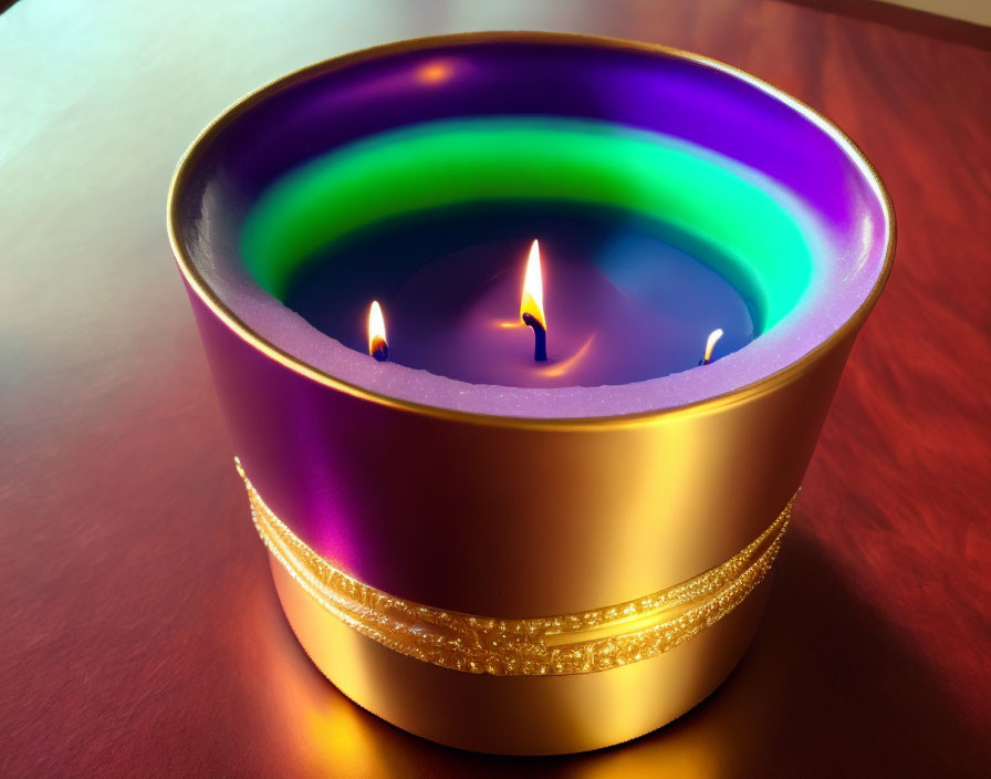 Golden Container Double Flame Scented Candle on Wooden Surface