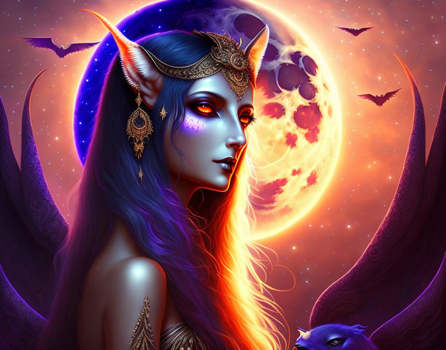 Fantasy illustration of blue-skinned female elf under red moon with bats and purple bird