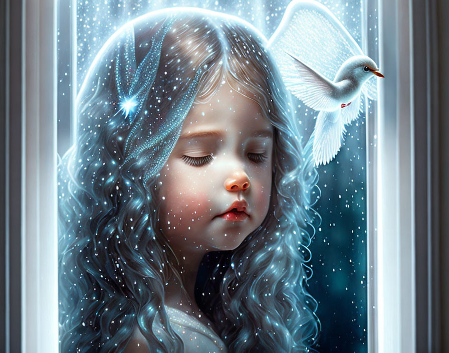 Young girl with curly hair and white dove under ethereal light surrounded by stars