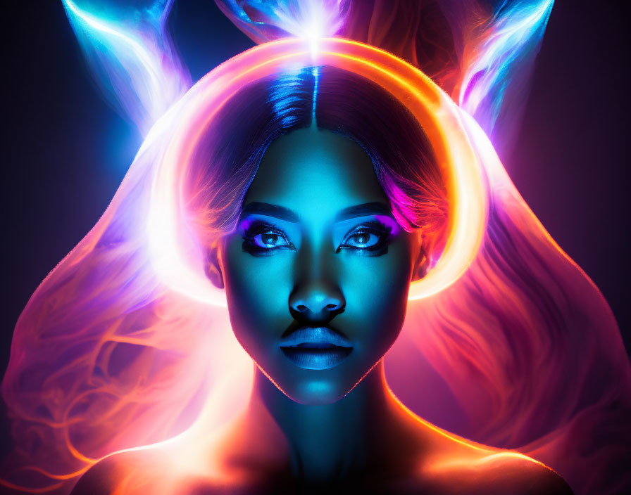 Portrait of Woman with Glowing Neon Lights on Dark Background