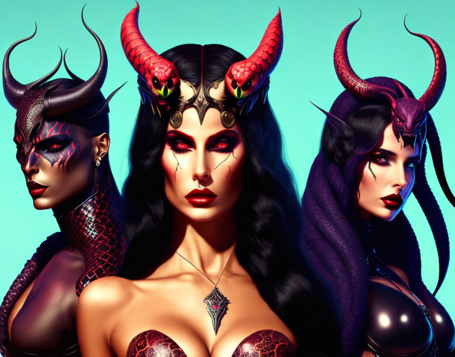 Stylized women with horns and dark makeup in fantasy attire on turquoise background