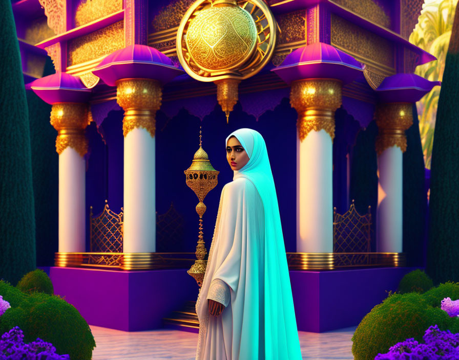 Woman in Blue Hijab at Ornate Structure with Purple Awnings