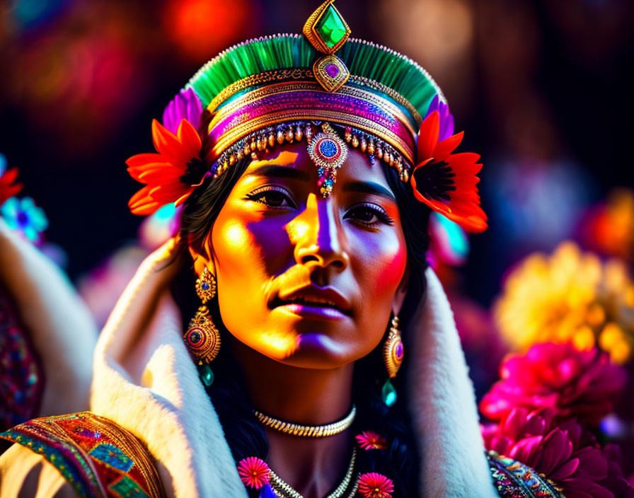 Traditional Attire Woman Surrounded by Flowers and Jewelry