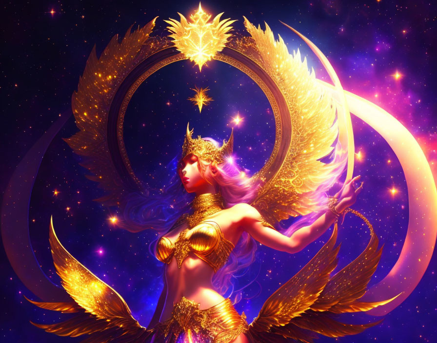 Celestial-themed female figure in golden armor with wings, surrounded by stars and glowing rings on deep blue