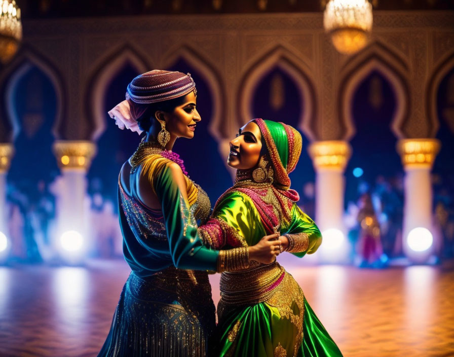 Vibrant traditional attire dancers pose under ornate arches