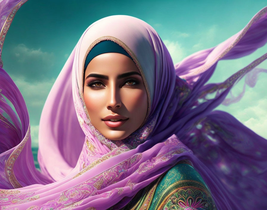 Vibrant digital artwork of a woman in hijab with detailed fabric patterns