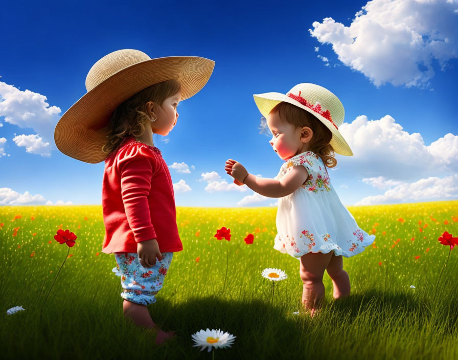 Children in sunny field with wildflowers, wearing hats and reaching out