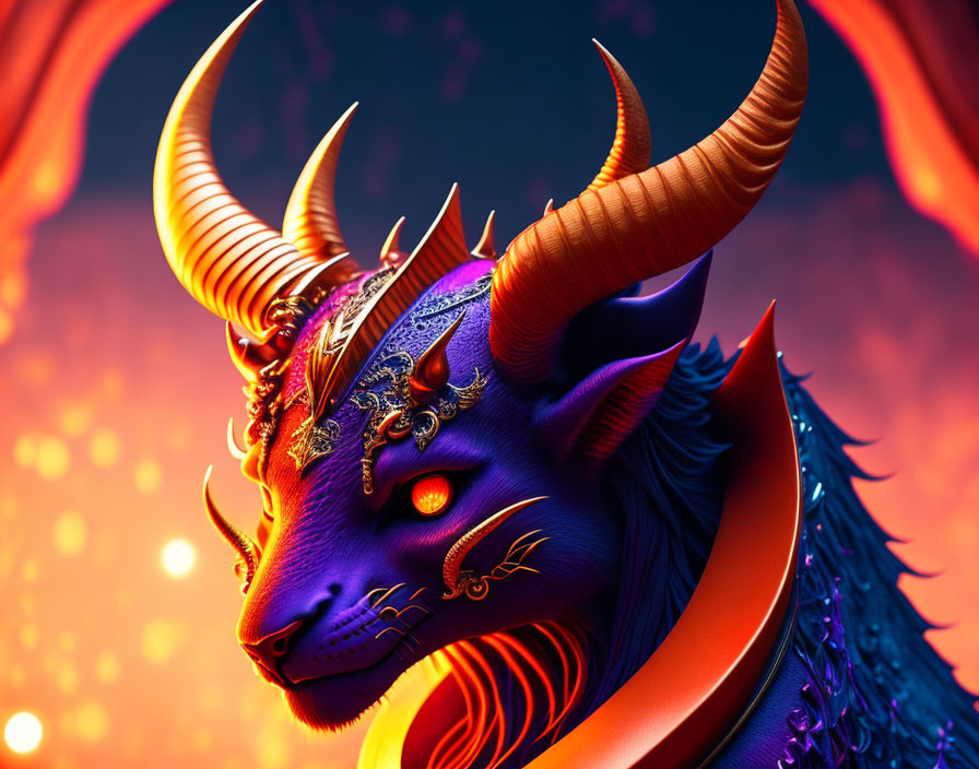 Mystical blue creature with horns and golden headpieces in 3D art