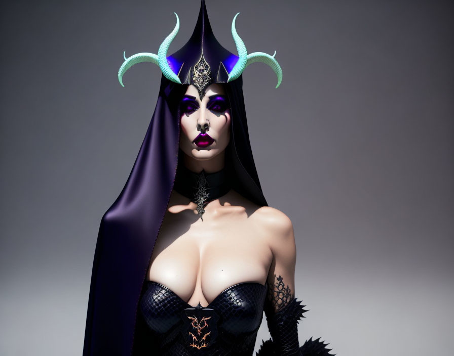 Stylized female figure in black corset, cape, and glowing horn headdress