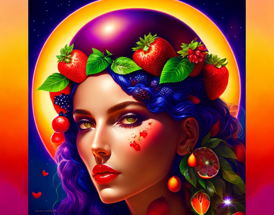 Colorful hair and fruit-themed makeup in vibrant illustration