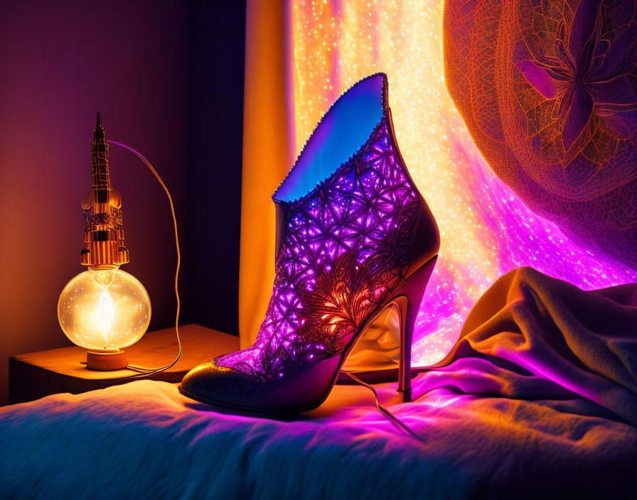 Purple-lit high-heeled shoe with orb lamp and tower sculpture on bokeh background