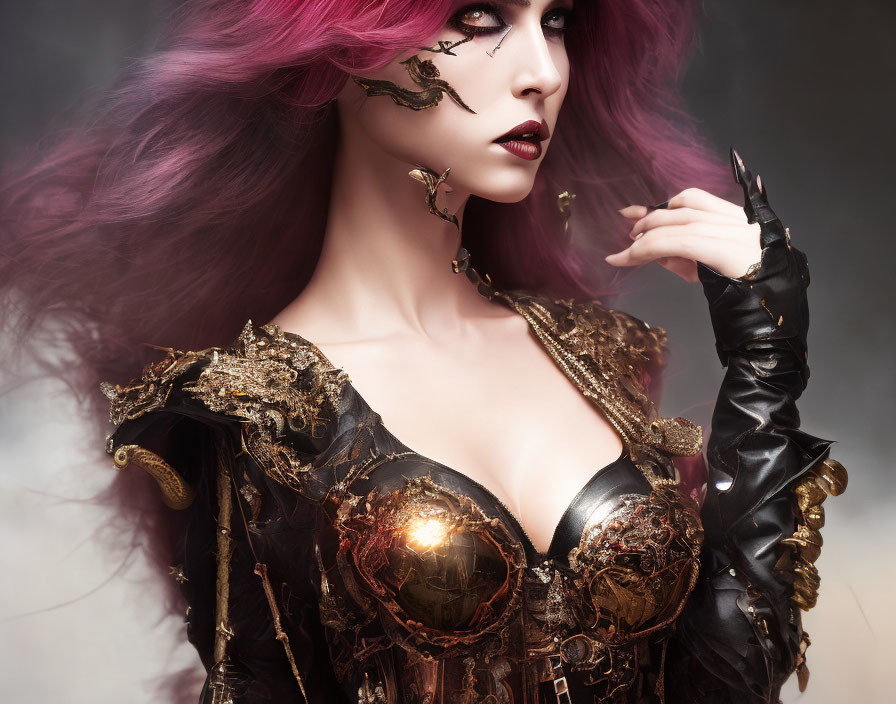 Vibrant purple hair and gothic makeup on woman in black and gold corset pose