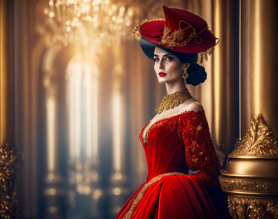 Elegant woman in red period dress in golden baroque room