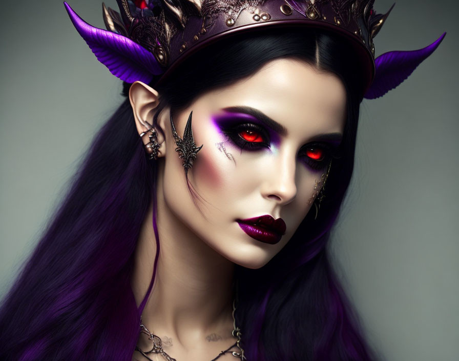 Woman with dramatic red eye makeup, purple lips, and horned crown.