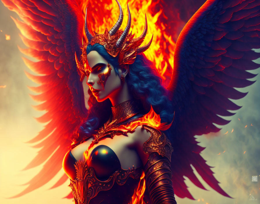 Digital artwork: Female figure with dark hair, glowing eyes, horns, red wings, warm backlight