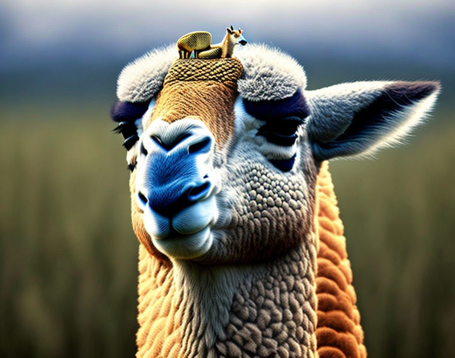 Digitally altered llama with whimsical expression in knitted hat with giraffe toy