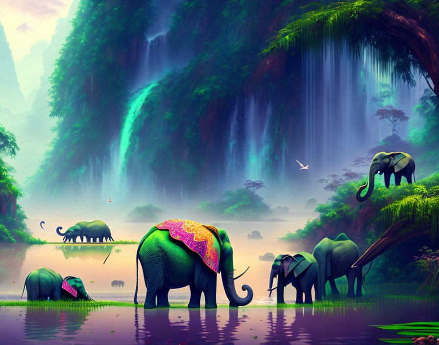 Illustration: Elephants near waterfall in lush jungle with mist and birds