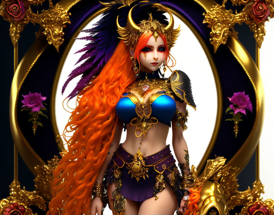 Fantastical female character with fiery orange hair in golden armor and feathers