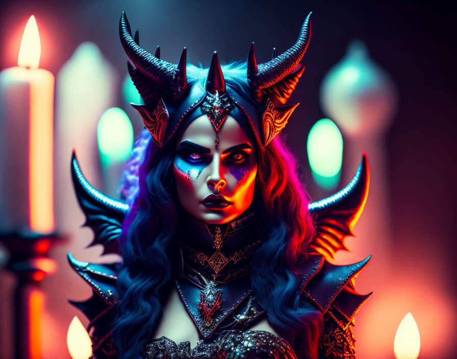 Elaborate fantasy makeup and costume with horns and shoulder armor against candlelit backdrop