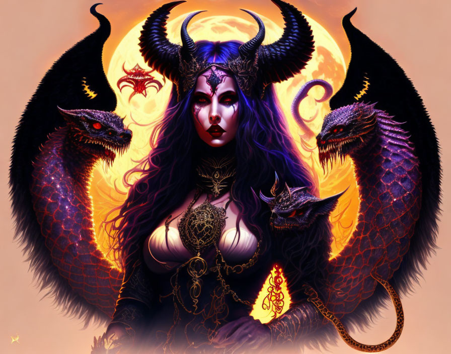 Fantasy illustration of horned woman with dragons on orange backdrop