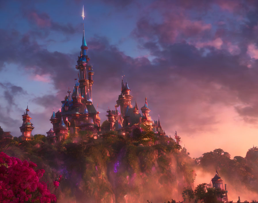 Majestic fairy-tale castle at sunset with spires and lush surroundings