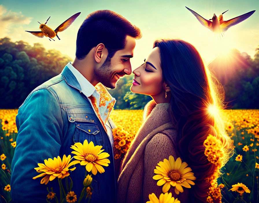 Romantic couple in sunlit sunflower field with birds and bees