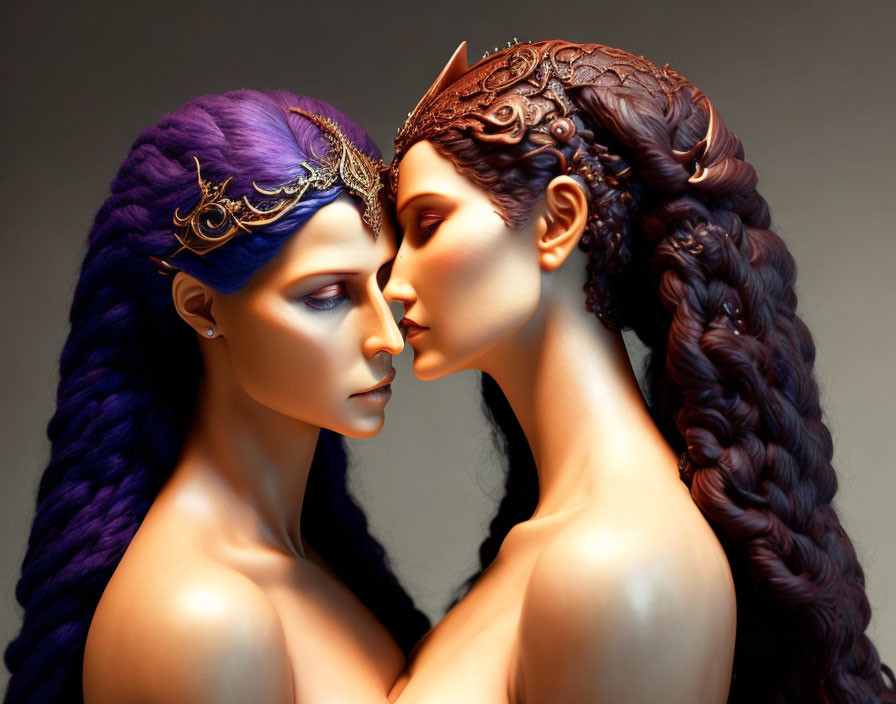 Women with Elaborate Fantasy Hairstyles Touching Foreheads