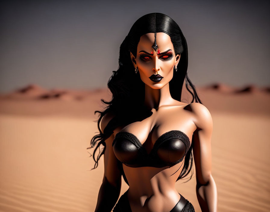 Dark-haired female fantasy character in black attire, red eyes, desert backdrop