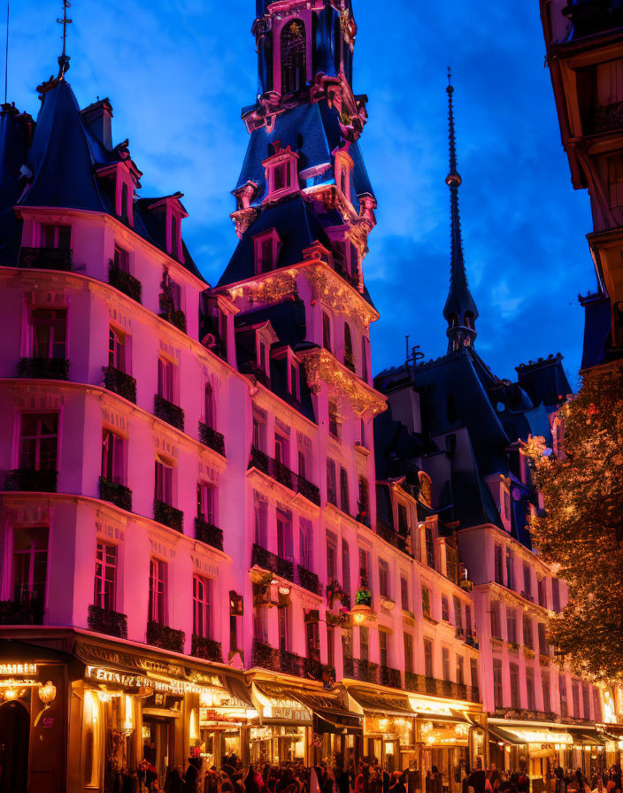 Parisian Street at Twilight: Traditional Architecture, Blue Sky, Warm Lights