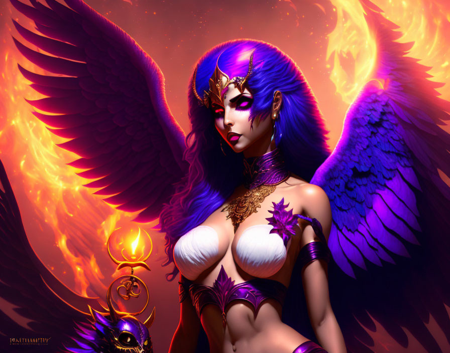 Fantasy illustration of winged woman with blue skin and glowing orb