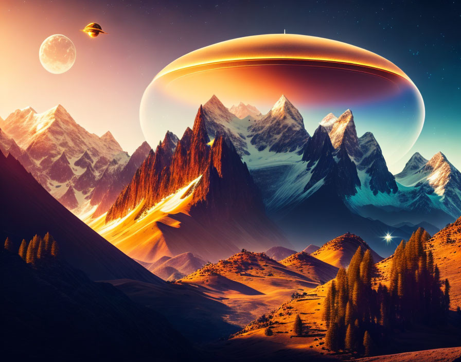 Surreal landscape with ringed planet, snow-capped mountains, and cosmic glow