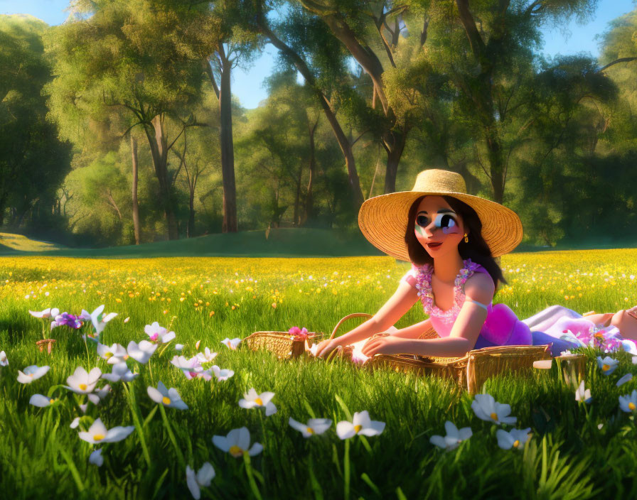 Animated character relaxing in sunny meadow with wildflowers and trees