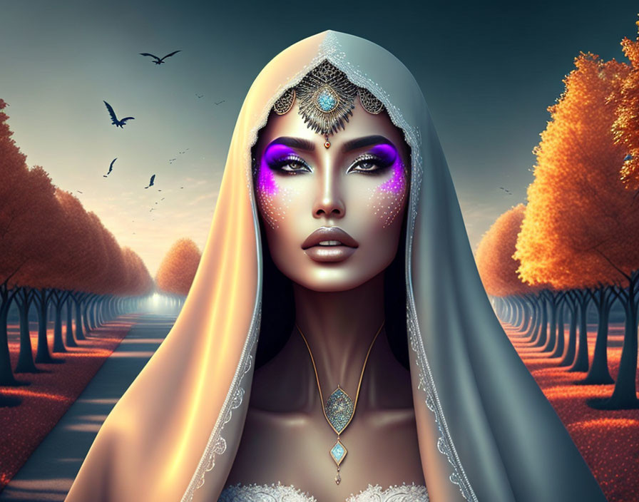 Illustrated portrait of woman with purple eye makeup, jeweled headpiece, white veil, in autumn