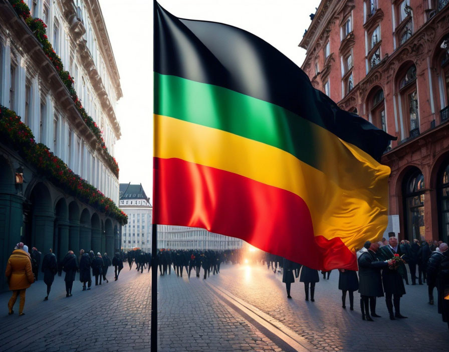 Prominent Belgian flag in bustling city street at sunrise or sunset