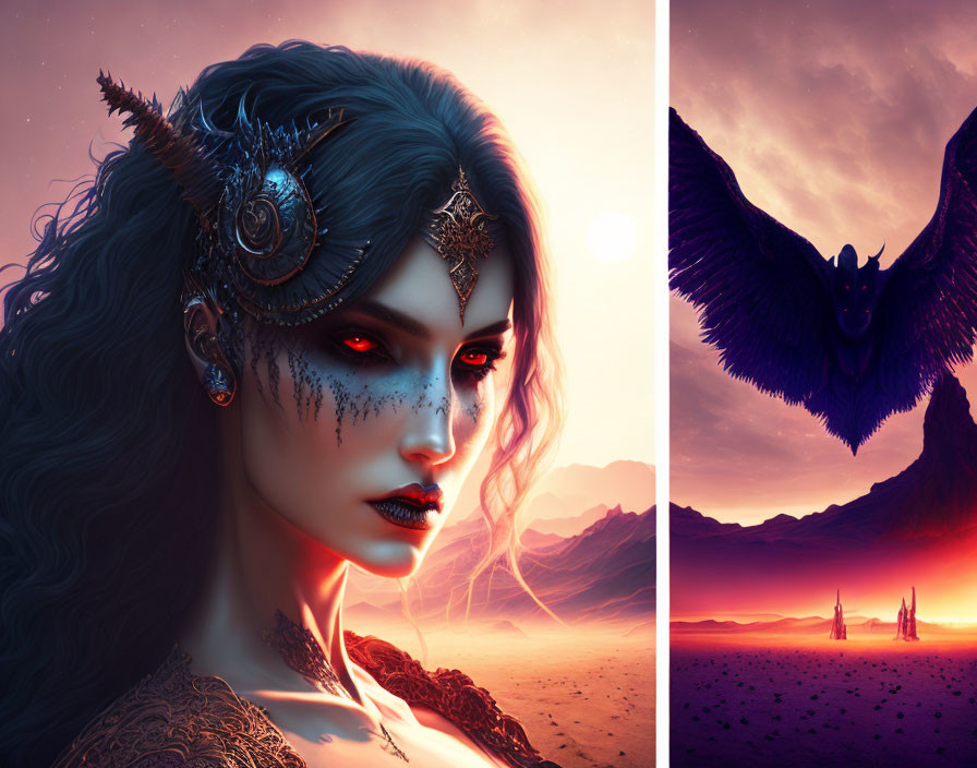 Split Fantasy Image: Fierce Woman, Travelers, Giant Dragon, Crimson Sky