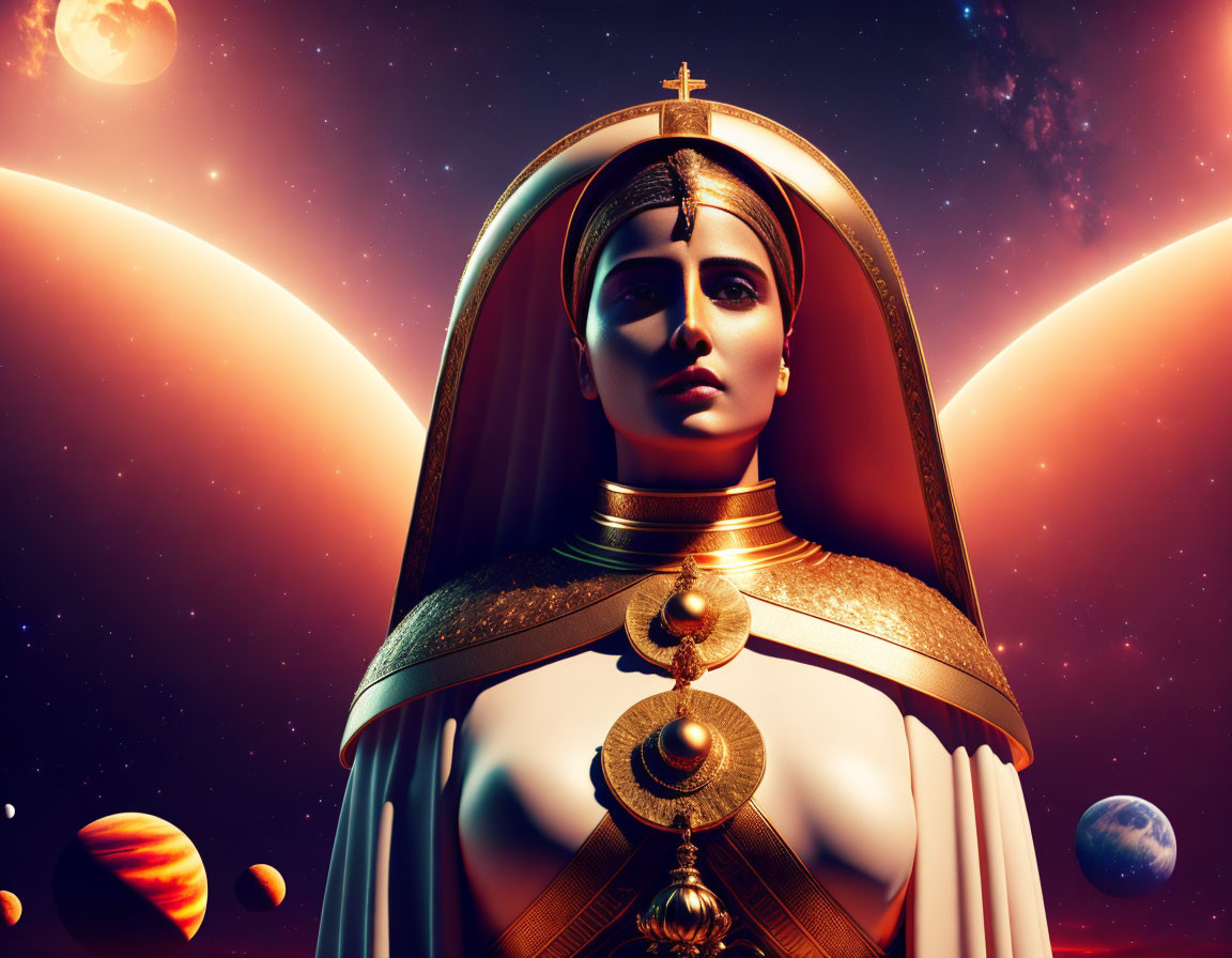 Stylized angelic figure in regal attire against cosmic backdrop