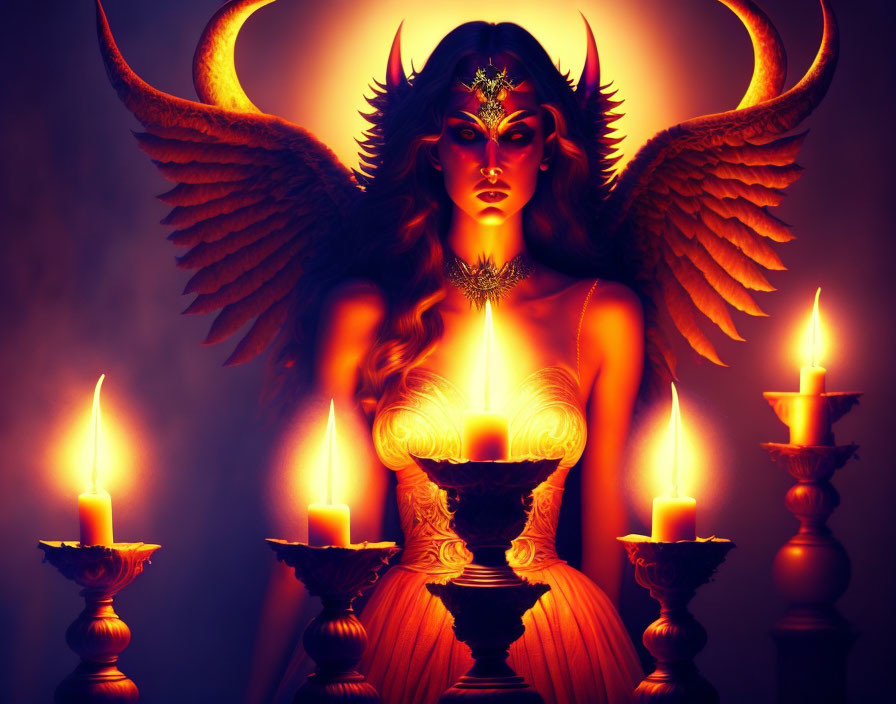 Winged fantasy character with horns in candlelight.