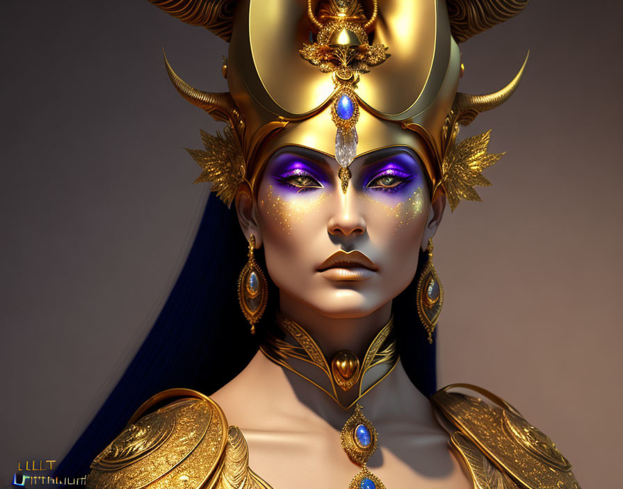 Digital artwork of a woman with golden headdress, purple eyes, and starry freckles