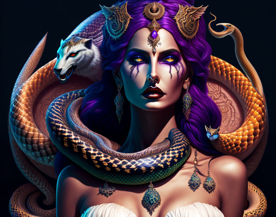 Mystical Woman with Purple Hair, Wolf, Serpent, and Golden Jewels on Dark Background