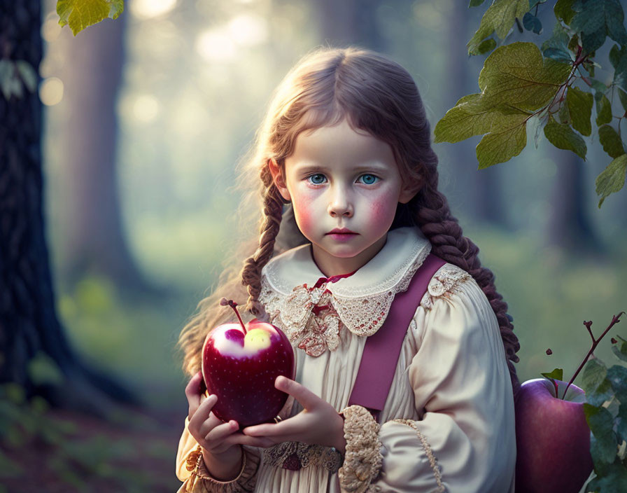 Young girl with braided hair holding red apple in sunlit forest