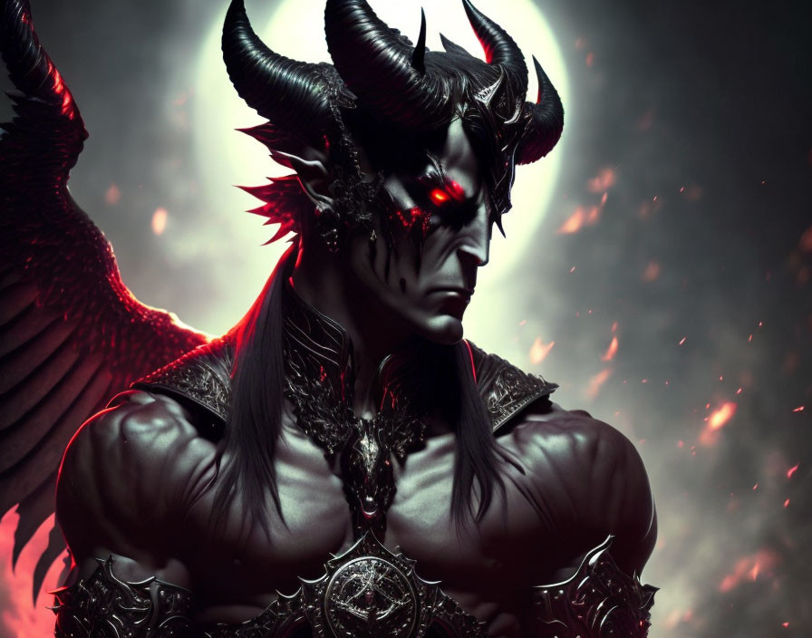 Fantasy demon with red eyes, black horns, and dark armor in fiery red scene.