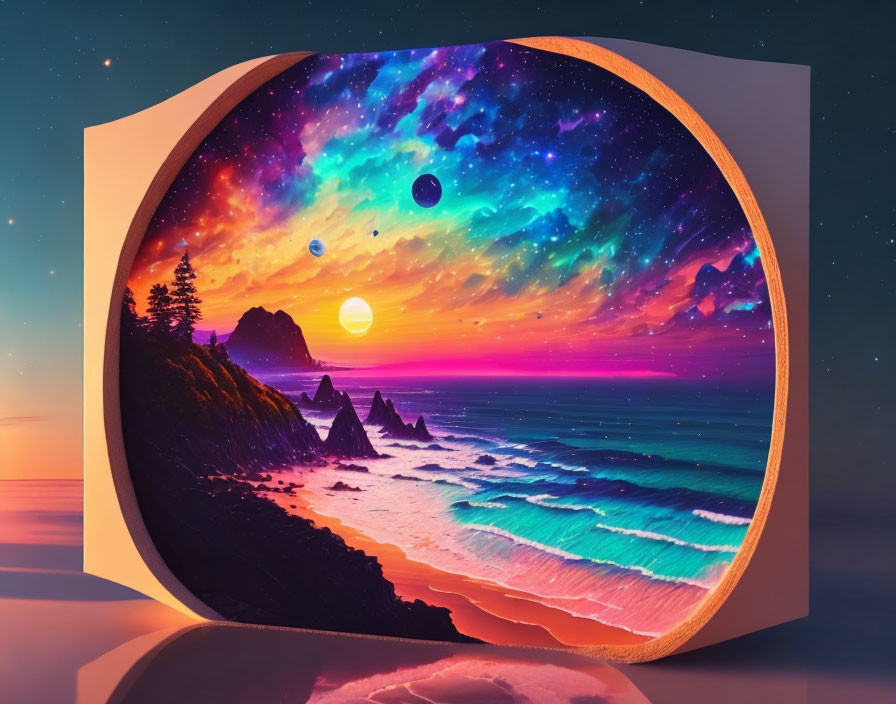 Surreal coastal scene merges with cosmic sky in vibrant artwork