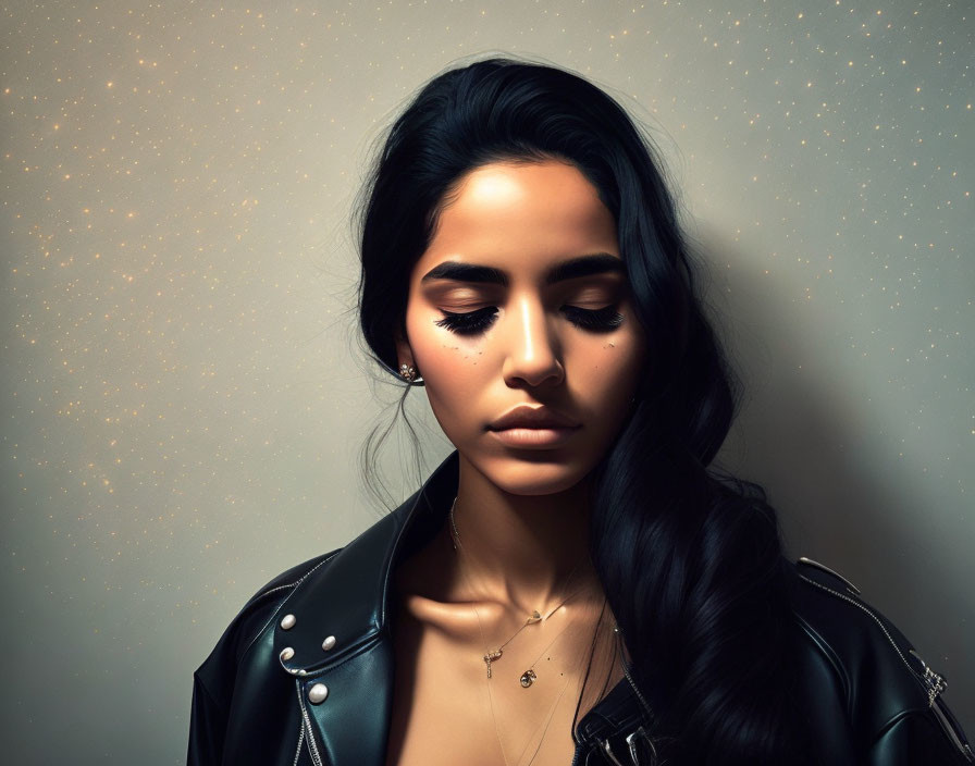 Young woman in black leather jacket under starry sky