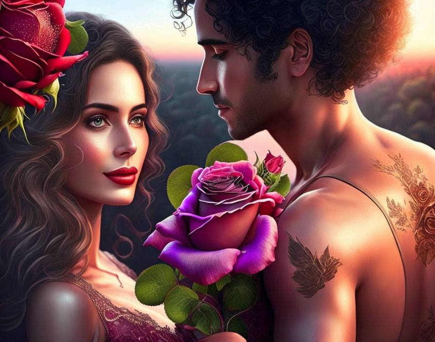 Romantic couple digital artwork with rose adornments and tattoos