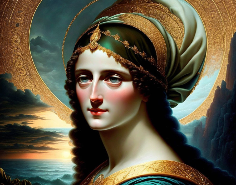 Digital artwork: Woman in headpiece & turquoise dress with golden halo, seascape backdrop