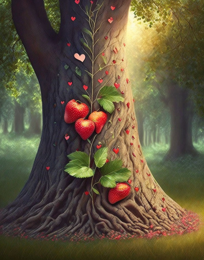 Illustration of whimsical tree trunk with heart-shaped leaves and strawberries in serene forest