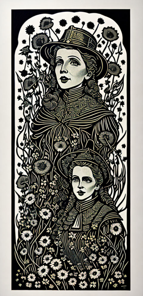 Art Nouveau style black and white illustration of two women with floral patterns.